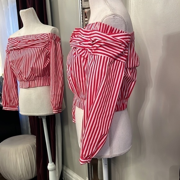 Zara Red and White Stripped Off The Shoulder Crop Top Size Small - Picture 4 of 8